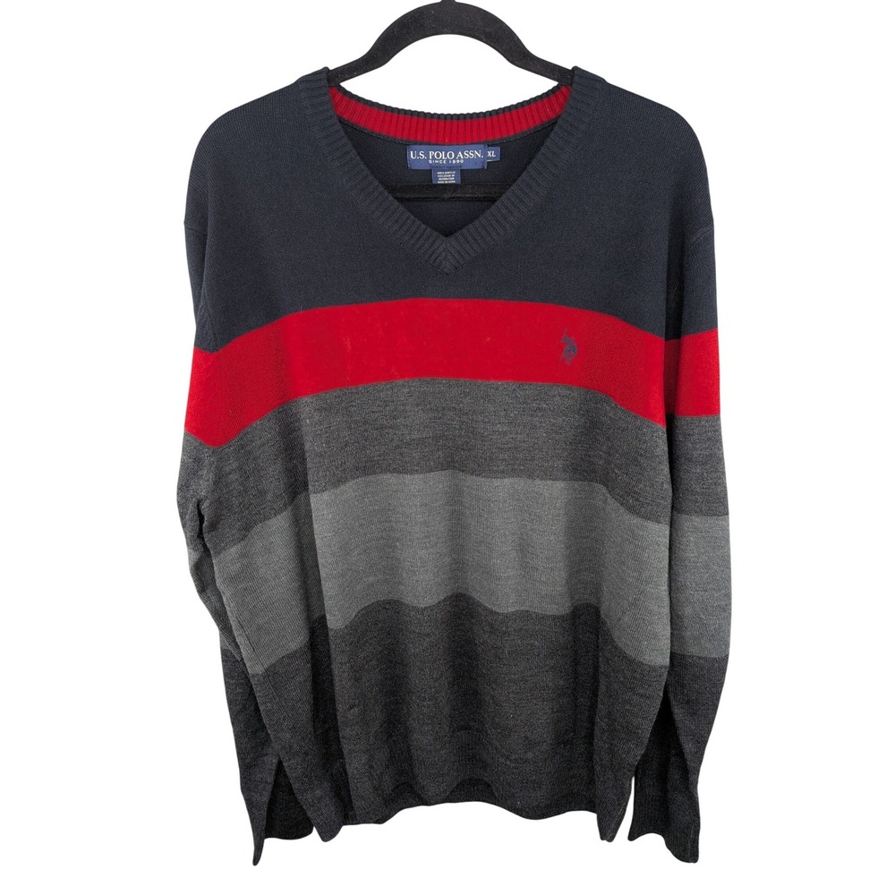 U.S. Polo Assn. Men Sweater XL Striped V-Neck Navy Red Grey Pullover‎ Knit